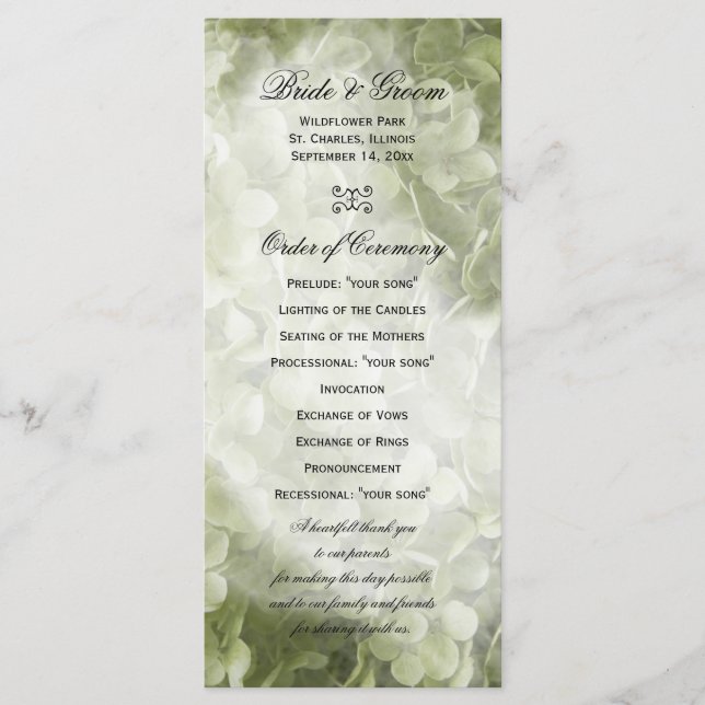 Green Annabelle Hydrangea Floral Wedding Program Programme (Front)