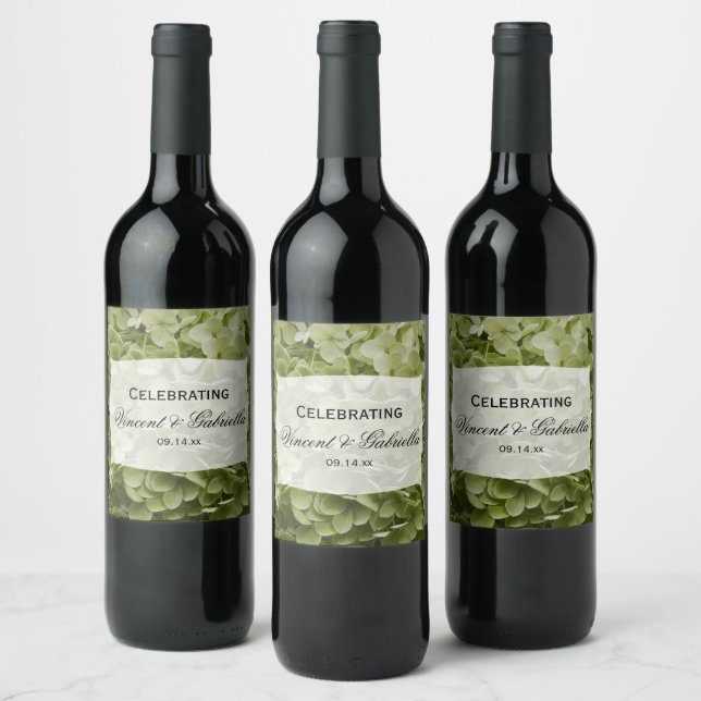Green Annabelle Hydrangea Flowers Wedding Wine Label (Bottles)