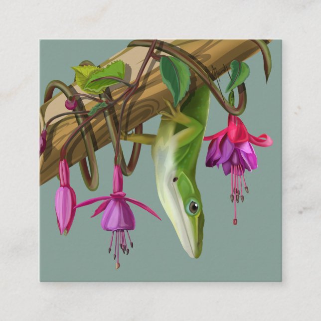 Green anole with Fuchsias  Enclosure Card (Front)