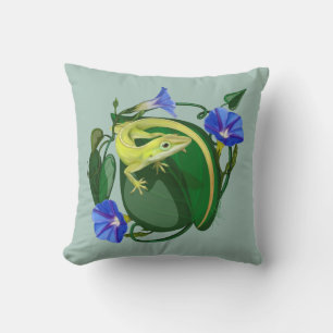Green Anole with Morning Glory Cushion
