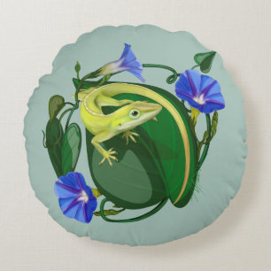 Green Anole with Morning Glory Round Cushion