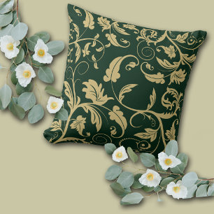 Green Antique Gold Retro Leaf Swirl Cushion