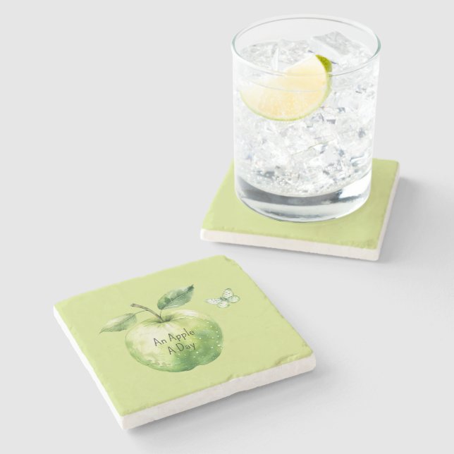 Green Apple A Day Butterfly Stone Coaster (Side)