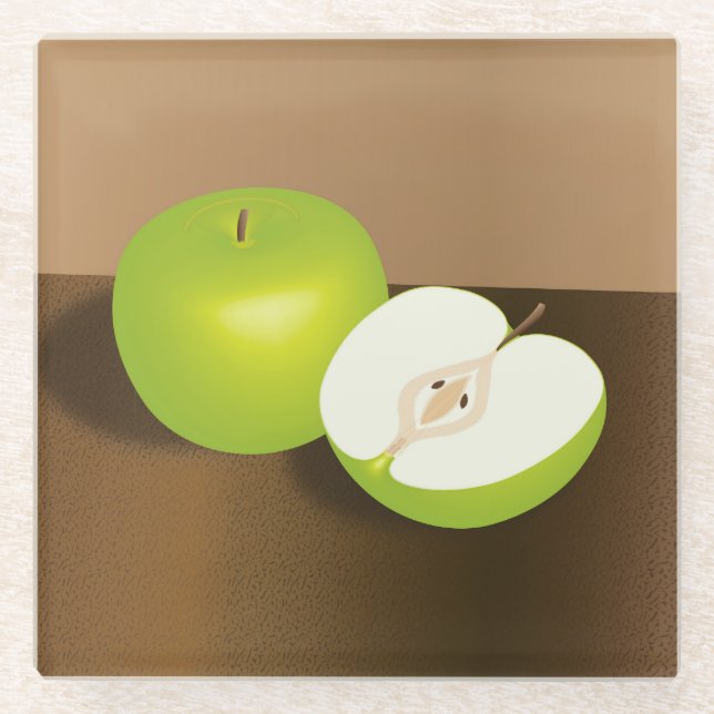 Green Apple-and-a-Half Still Life Glass Coaster (Front)