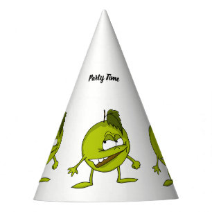 Green apple cartoon character with a vicious smile party hat