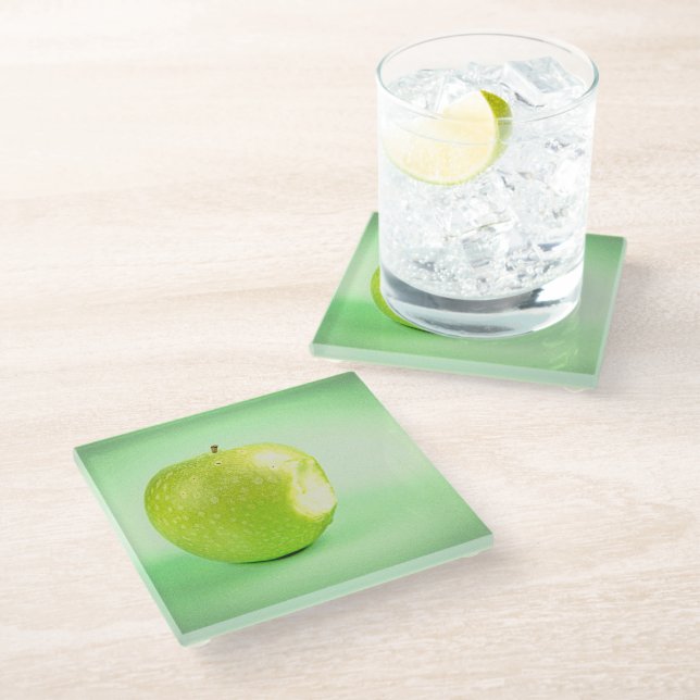 "Green Apple" Cute Photo. Buy Now Glass Coaster (Angled)