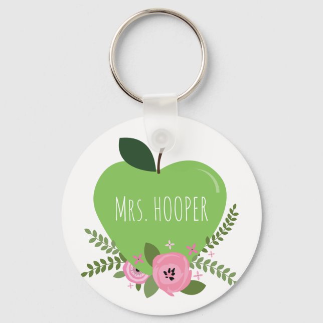 Green Apple Floral Teacher Key Ring (Front)