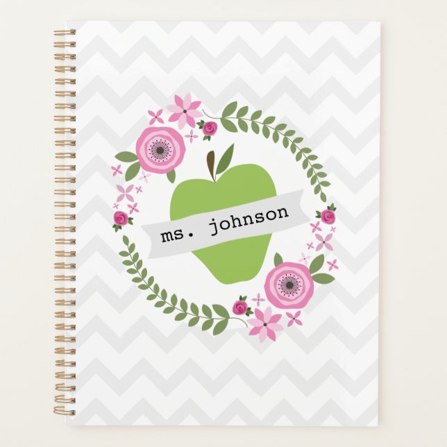 Green Apple Floral Wreath Teacher Planner (Front)