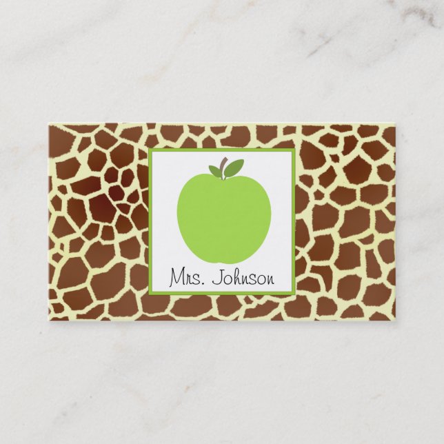 Green Apple Giraffe Print Teacher Business Card (Front)