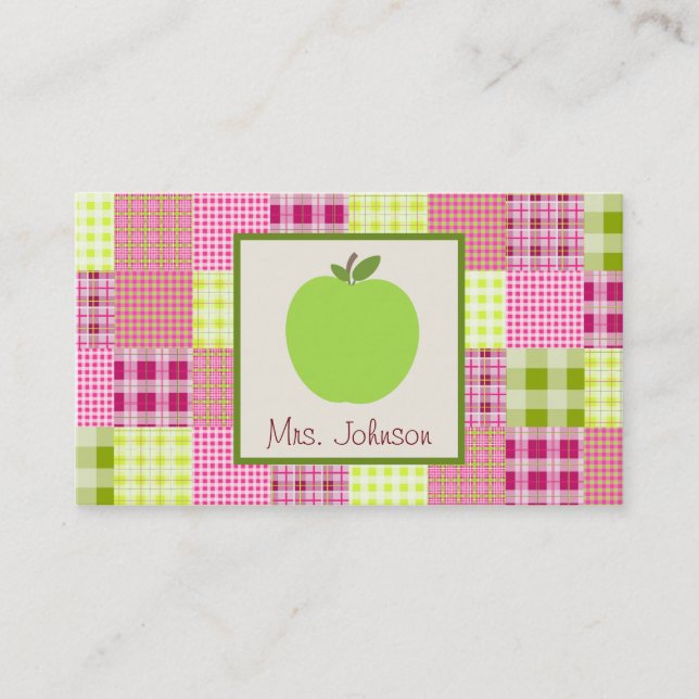 Green Apple & Madras Inspired Plaid Teacher Business Card (Front)
