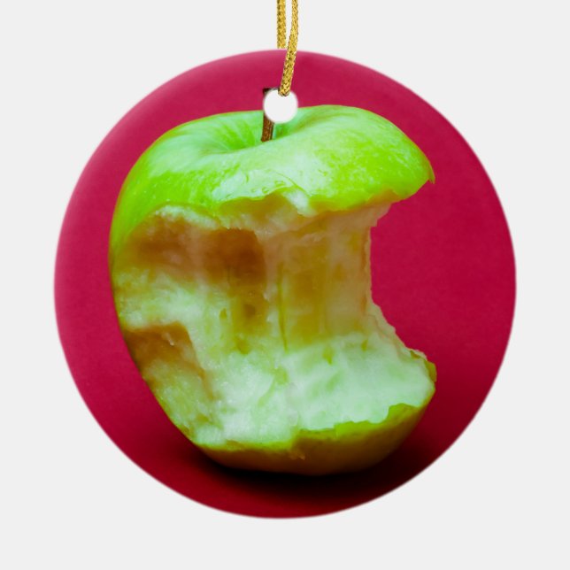 Green apple nibbled ceramic tree decoration (Front)