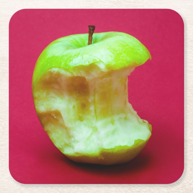 Green apple nibbled square paper coaster (Front)