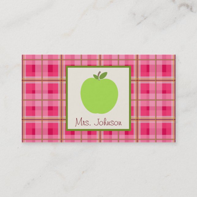 Green Apple & Plaid Teacher Business Cards (Front)