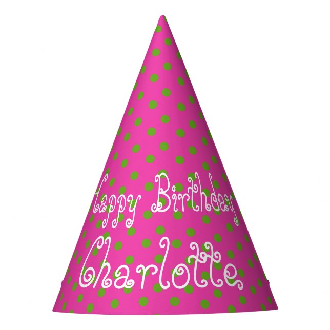 Green Apple Polka Dot on Diva Pink Personalised Party Hat (Front)
