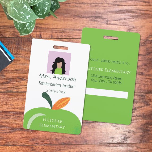 Green Apple Teacher White Photo ID Badge (Green apple school staff photo ID badge . )