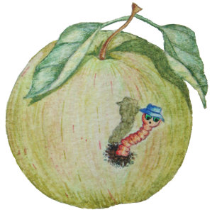 Green apple with funny maggot in hat illustration T-Shirt