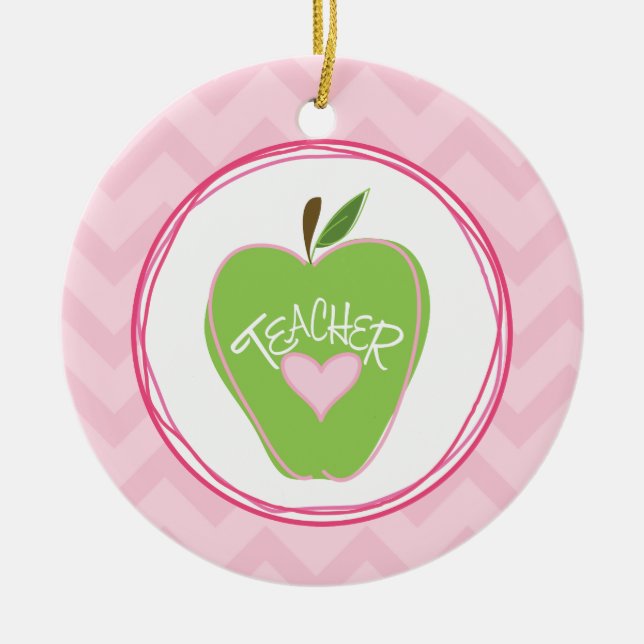 Green Apple & Zigzag Teacher Ornament (Front)