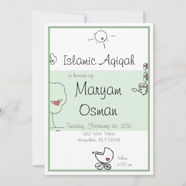 Green Aqiqah invitation with cute cartoon drawing (Front)
