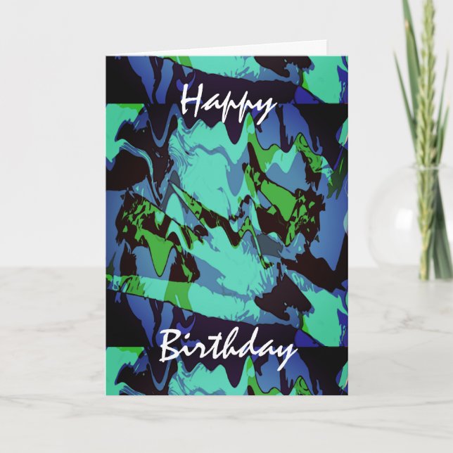 Green Aqua Blue Black Abstract Flower Birthday Card (Front)