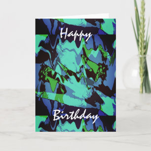 Green Aqua Blue Black Abstract Flower Birthday Card