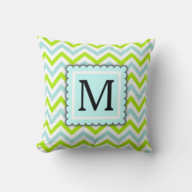 Green & Aqua Blue Chevron Custom Monogram Cushion (Front)