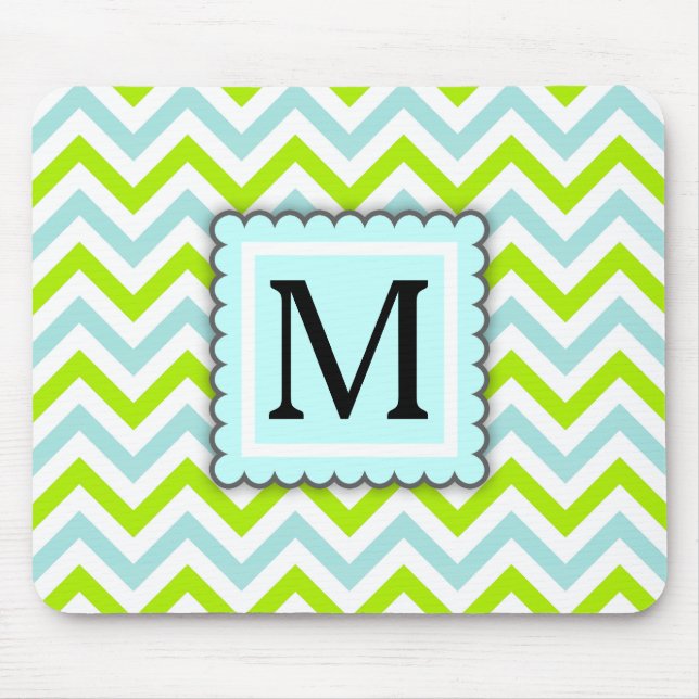 Green & Aqua Blue Chevron Custom Monogram Mouse Mat (Front)