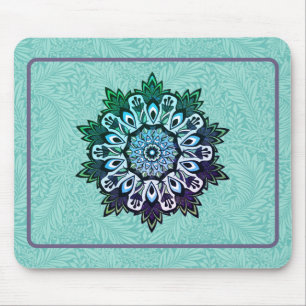 Green Aqua Blue Flower Mandala Boho Mouse Mat