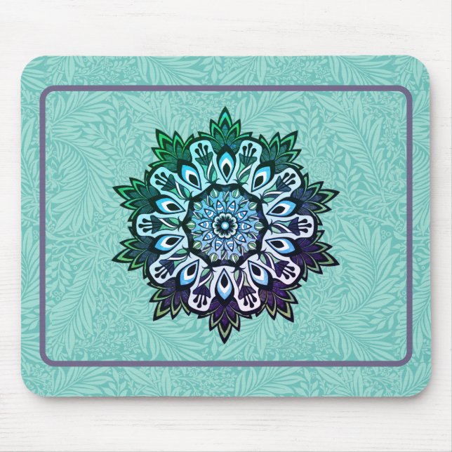 Green Aqua Blue Flower Mandala Boho Mouse Mat (Front)