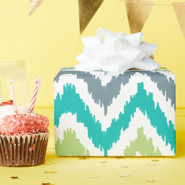 Green Aqua Grey Zigzags Ikat Pattern Wrapping Paper (Birthday Party)