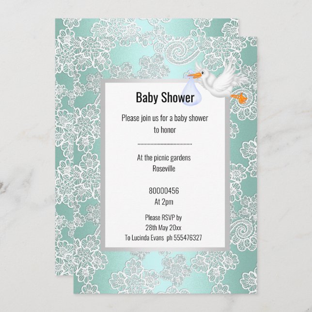 GREEN AQUA LACE DETAIL WHITE STORK BABY SHOWER INVITATION (Front/Back)