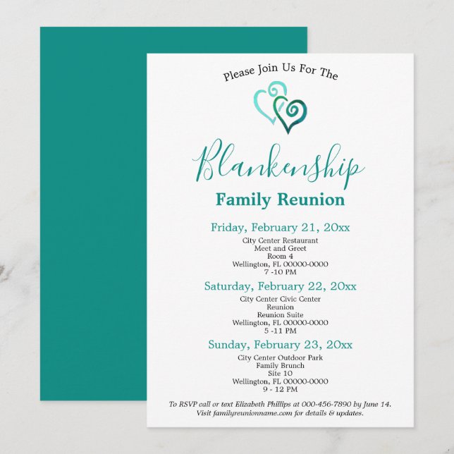 Green Aqua Linked Hearts 3-Day Reunion Invitation  (Front/Back)