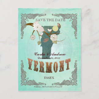 Green Aqua Save The Date -VT Map With Lovely Birds Announcement Postcard