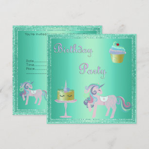 Green Aqua Unicorn Cake BIRTHDAY PARTY Invitation