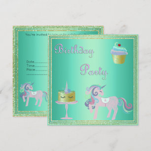 Green Aqua Unicorn Cake BIRTHDAY PARTY Invitation