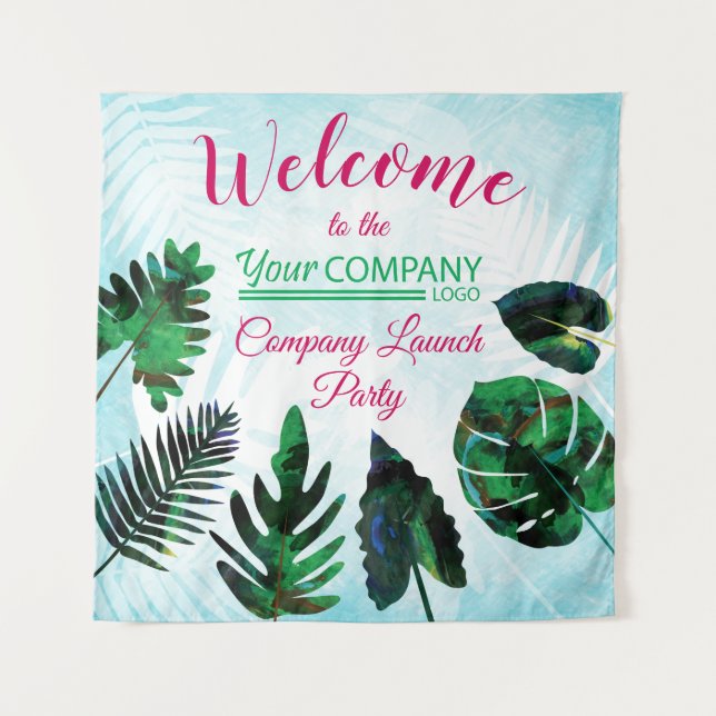 Green, Aquamarine Tropical Leaves Tapestry (Front)