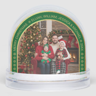 Green Arch Christmas Family Photo Faux Gold Foil Snowglobe