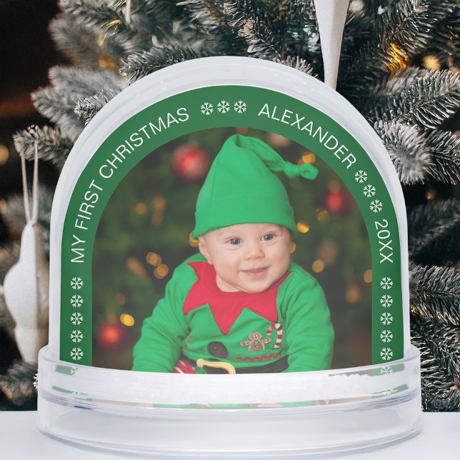 Green Arch First Christmas Baby Photo Snowflakes Snowglobe (Creator Uploaded)