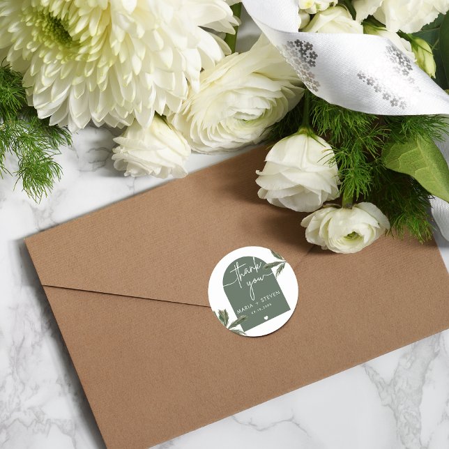 Green arch palm tree wedding thank you  classic round sticker (Creator Uploaded)