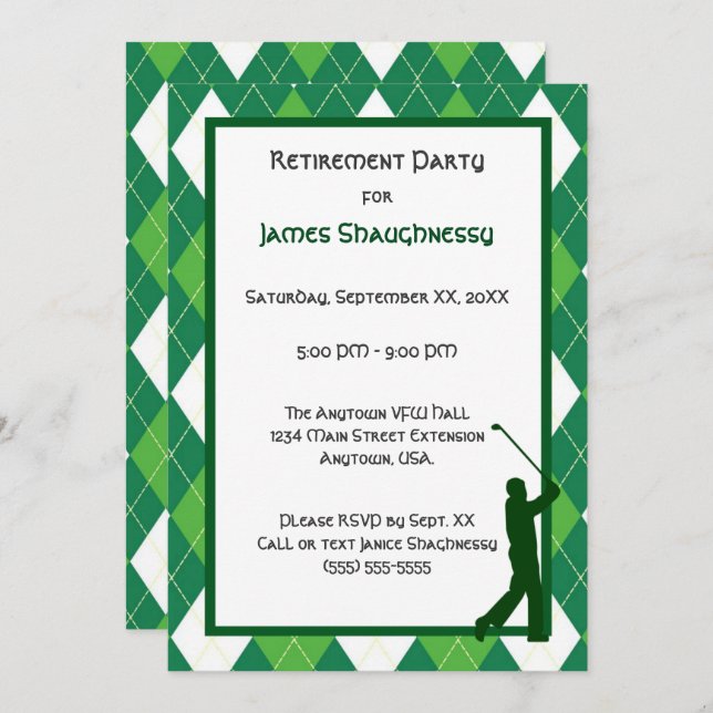 Green Argyle and Golf Party Invitation (Front/Back)