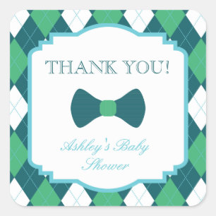Green Argyle & Bow Baby Shower Thank You Square Sticker