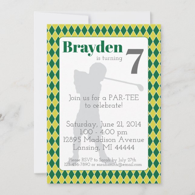 Green Argyle Golf Birthday Invitation (Front)