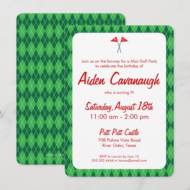 Green Argyle Mini Golf Kids Birthday Invitations (Front/Back)