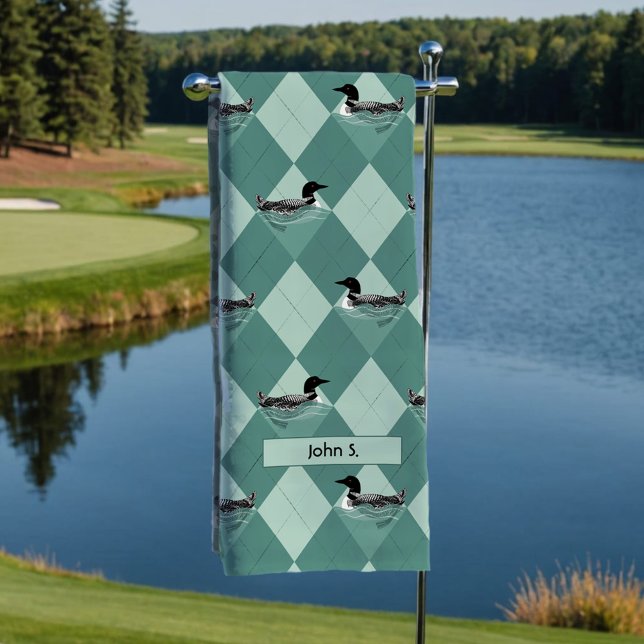 Green Argyle Pattern Swimming Loon Lake Birds Name Golf Towel (Green argyle Loons personalized golf towel, unique nature pattern of swimming lake birds.)