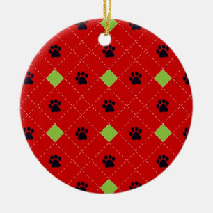 Green Argyle Paw Prints Ceramic Tree Decoration