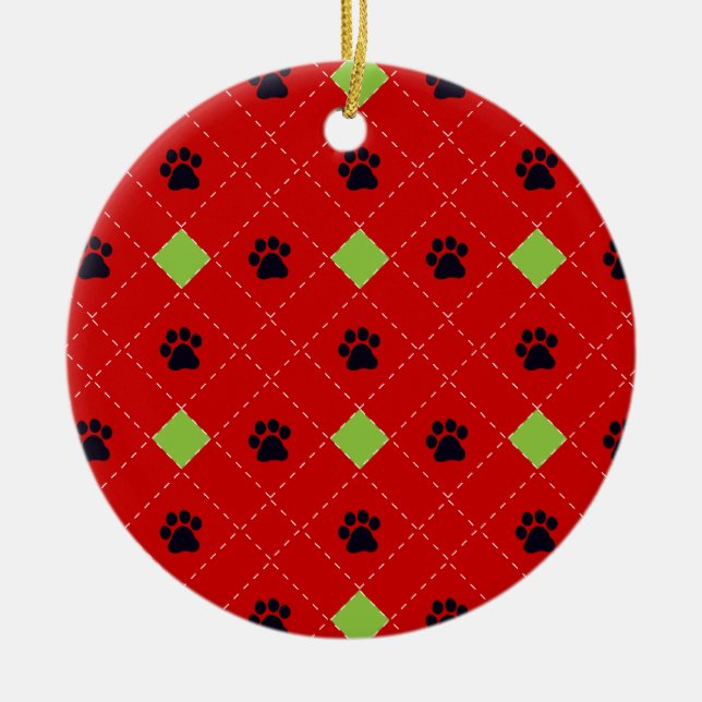Green Argyle Paw Prints Ceramic Tree Decoration (Front)