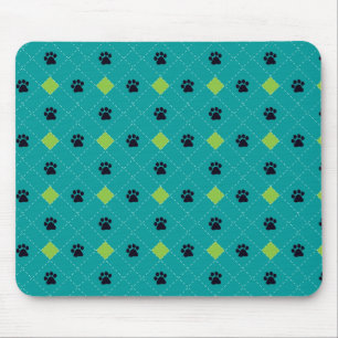 Green Argyle Paw Prints Mouse Mat