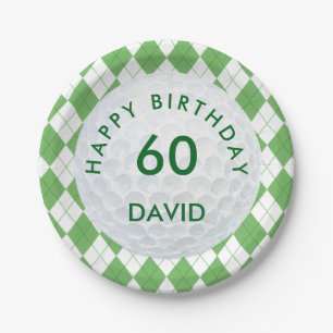 Green Argyle Plaid Golf 60th Birthday Paper Plate