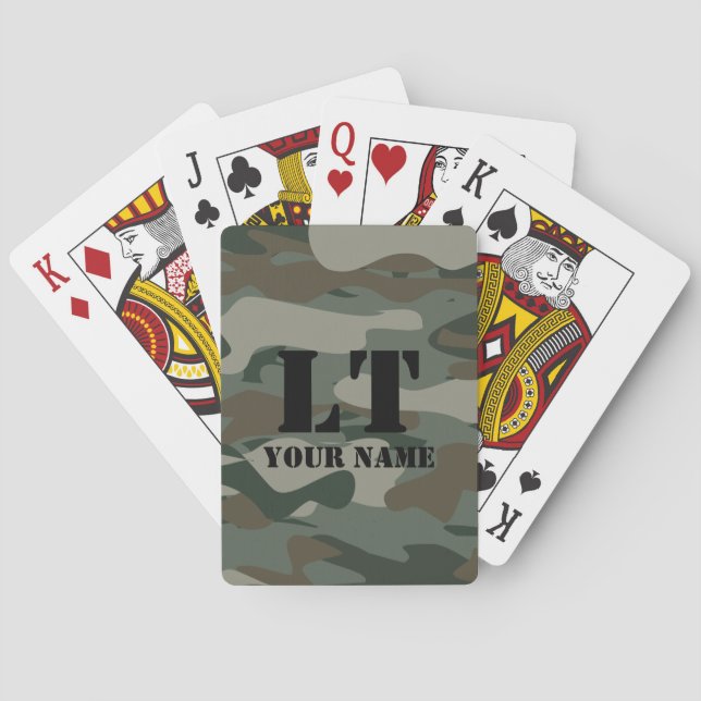 Green army camo camouflage custom name monogram playing cards (Back)