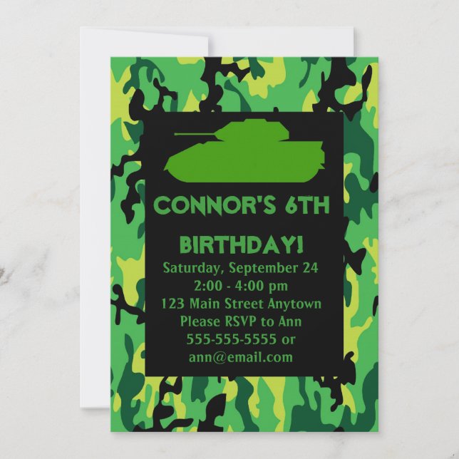 Green Army Camouflage Birthday Party Invitations (Front)