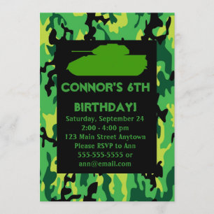 Green Army Camouflage Birthday Party Invitations